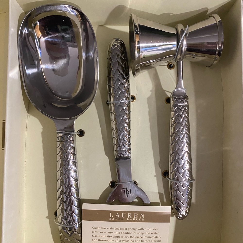 Ralph Lauren Equestrian Braid Stainless Steel 3 Piece Bar Set